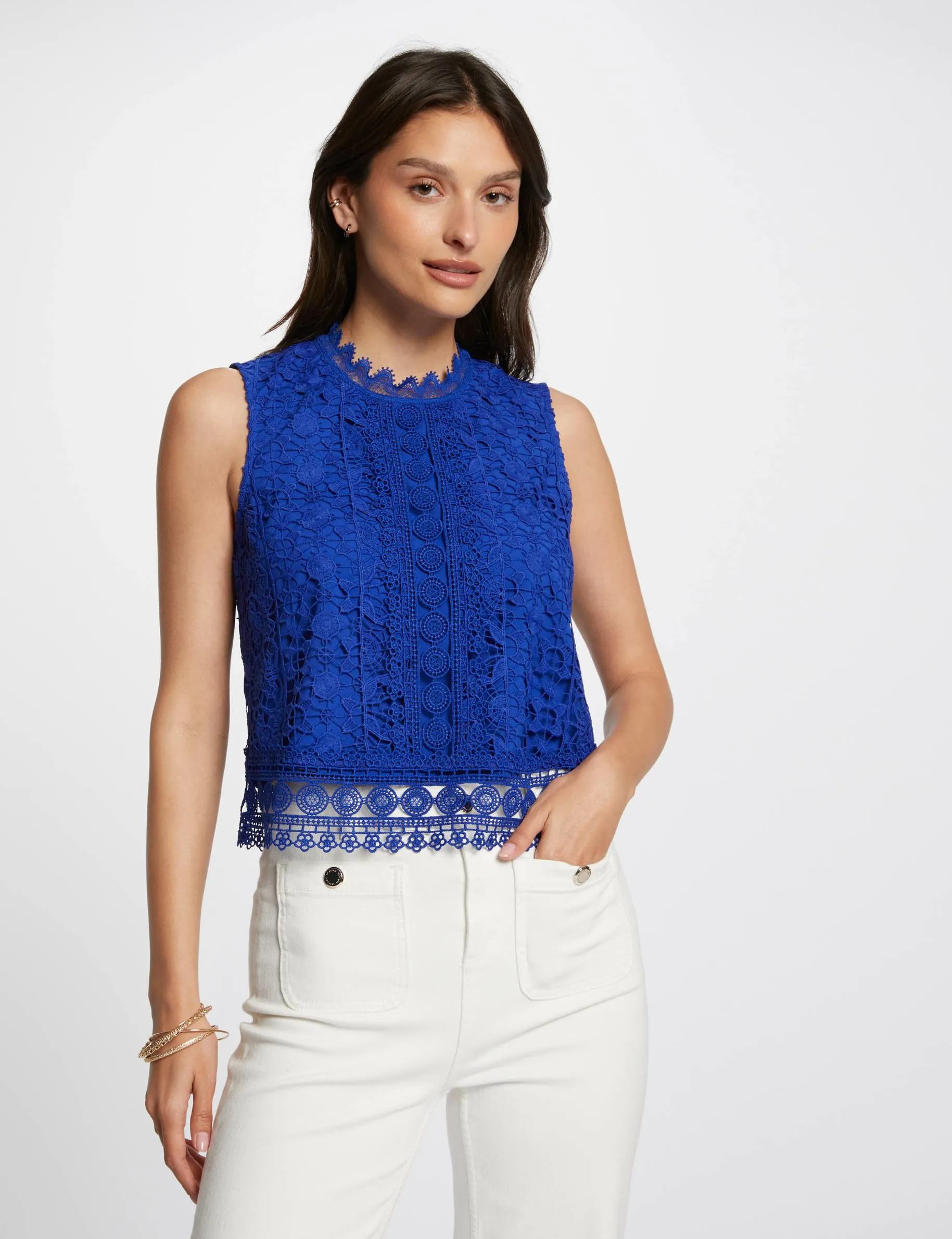 Sleeveless lace top electric blue women