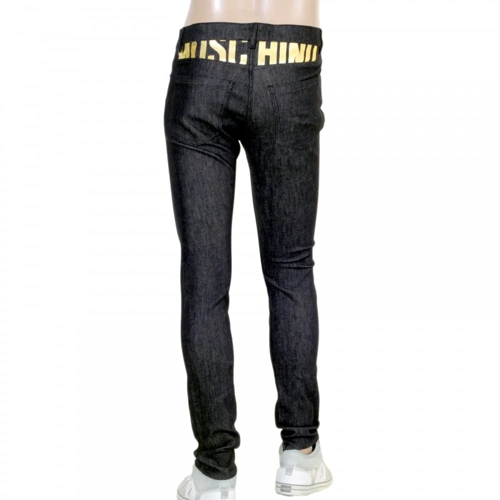 Slimmer Fit Gold Logo Printed Washed Black Jeans with Gold Waistband Button and Rivets