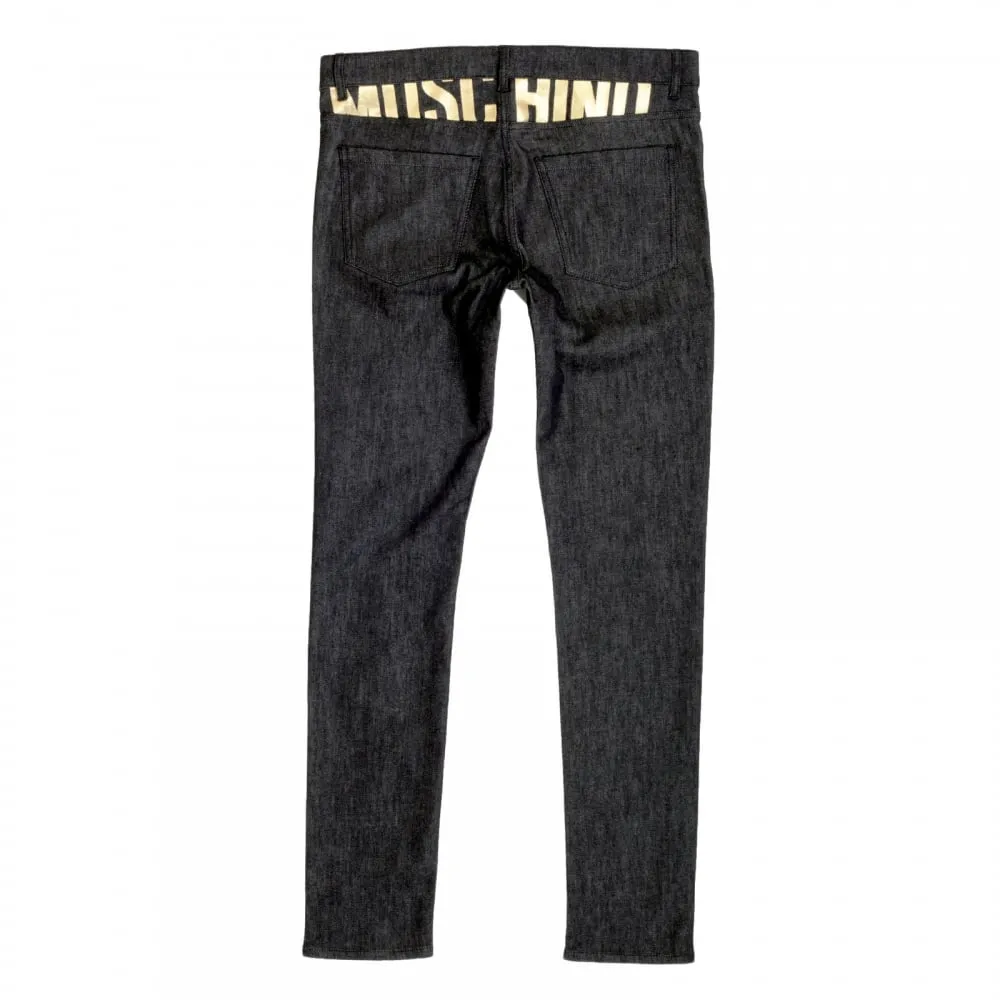 Slimmer Fit Gold Logo Printed Washed Black Jeans with Gold Waistband Button and Rivets