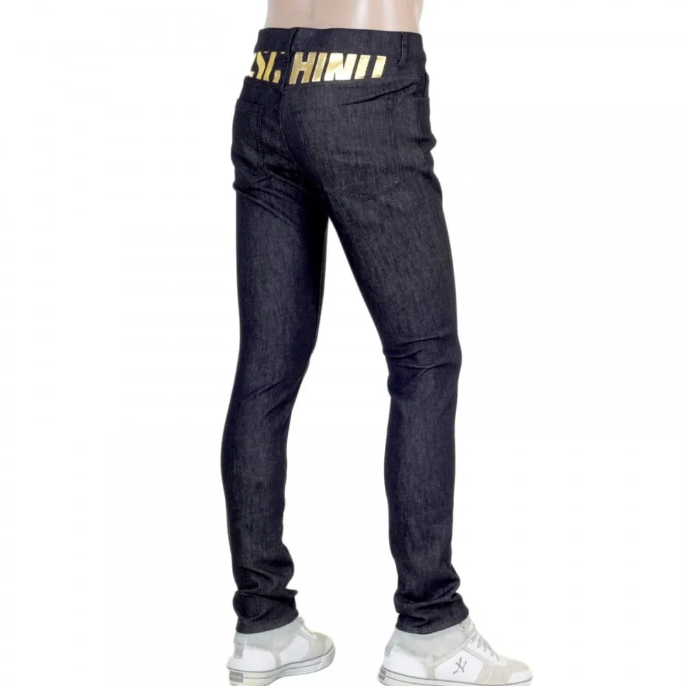 Slimmer Fit Gold Logo Printed Washed Black Jeans with Gold Waistband Button and Rivets