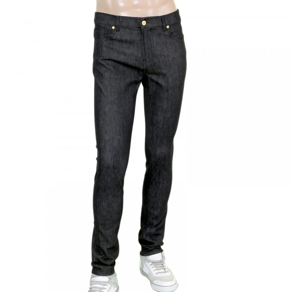 Slimmer Fit Gold Logo Printed Washed Black Jeans with Gold Waistband Button and Rivets