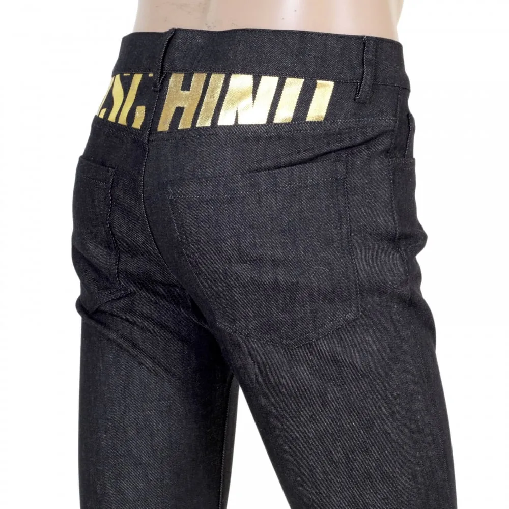 Slimmer Fit Gold Logo Printed Washed Black Jeans with Gold Waistband Button and Rivets