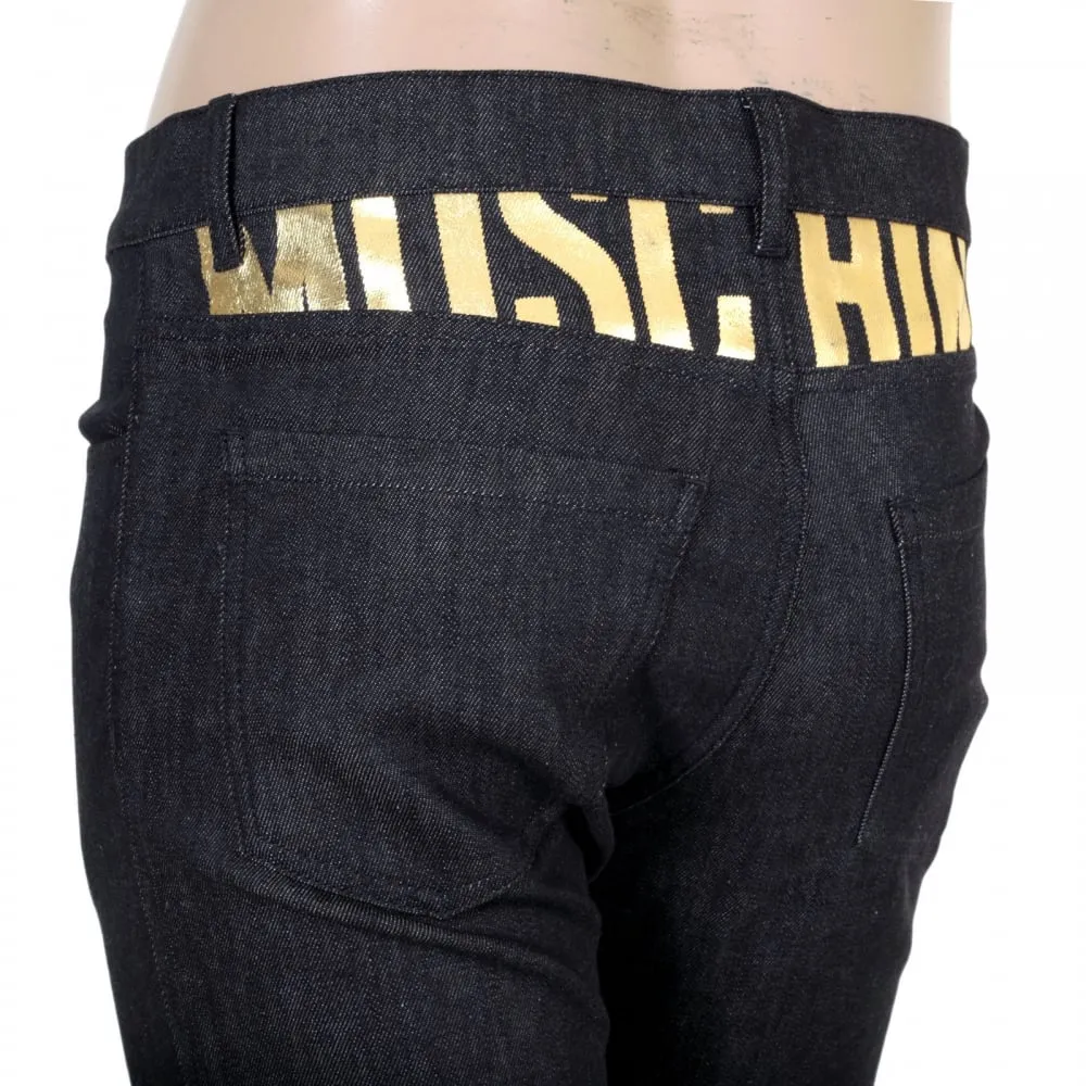 Slimmer Fit Gold Logo Printed Washed Black Jeans with Gold Waistband Button and Rivets