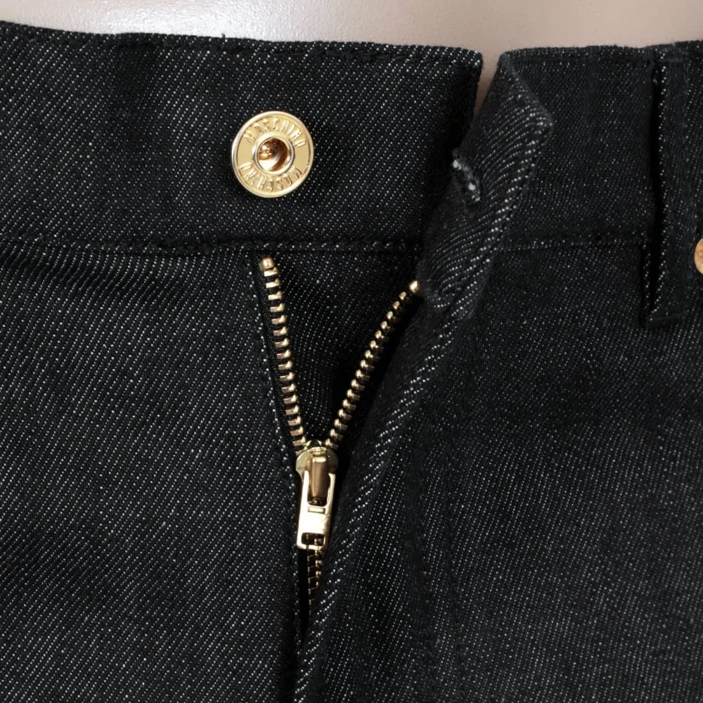 Slimmer Fit Gold Logo Printed Washed Black Jeans with Gold Waistband Button and Rivets