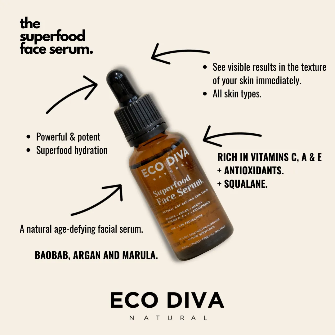 Superfood Face Serum - Hyaluronic Acid, Baobab, Marula, Argan, Vit C, A, E, Antioxidants &  SPF