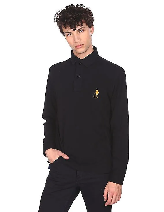 U.S. Polo Assn. Men Black Brand Logo Long Sleeve Polo Shirt