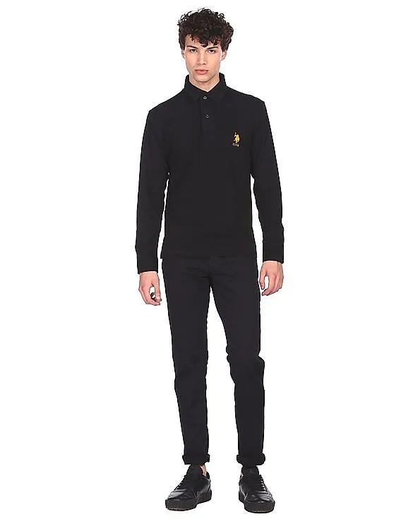 U.S. Polo Assn. Men Black Brand Logo Long Sleeve Polo Shirt